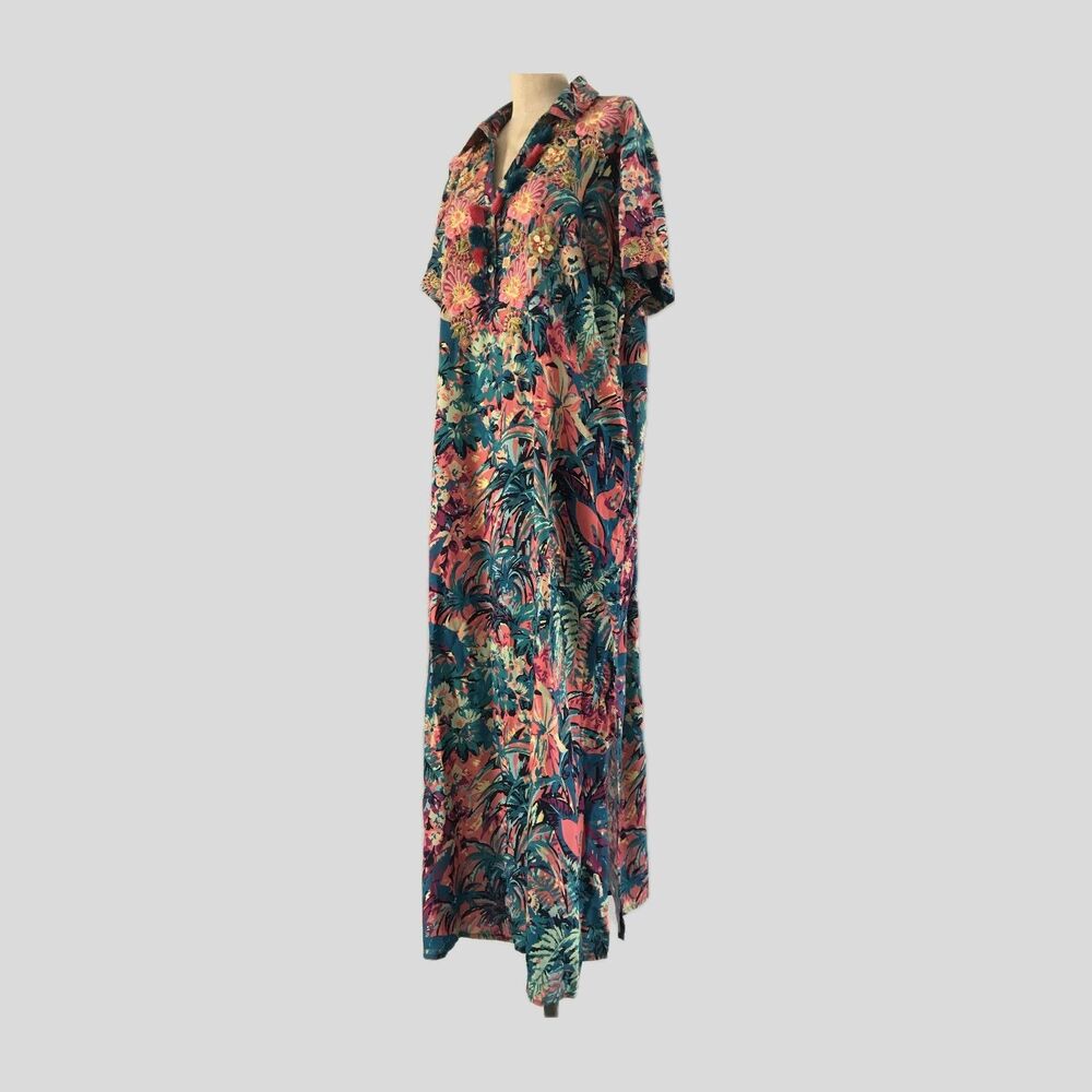 Soft Surroundings Bold Maximalist Colorful Floral Tunic Beaded Shirt Dress NEW L
